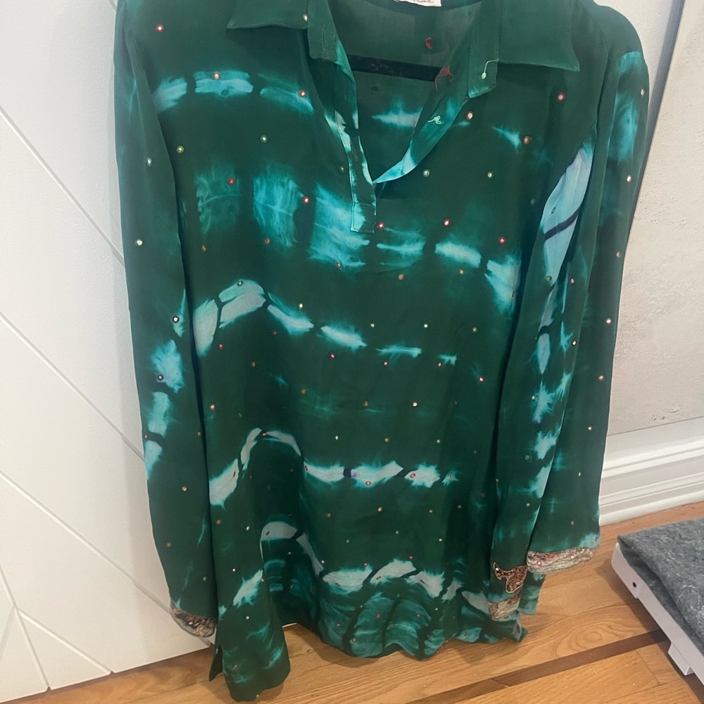 Elegant Tye Dye Green Silk Embroidered Women's Tunic